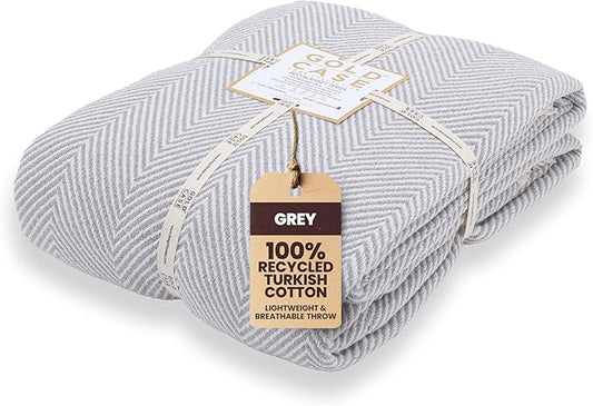 Gold Case Throw Blanket for Bed – 100% Recycled Turkish Cotton Bed Blanket – Decorative Throw Cotton Blankets for Living Room & Bedroom – Woven Twin Blankets - 71x90 - Elegant Grey