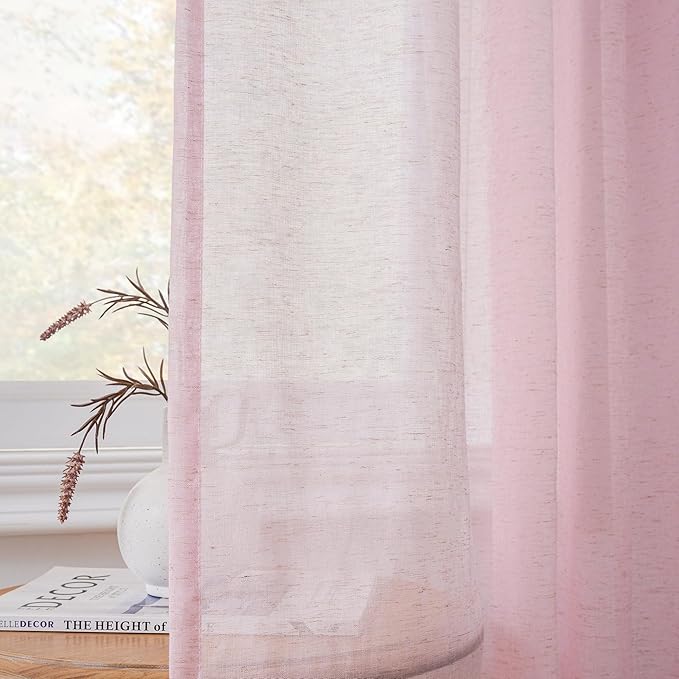 FMFUNCTEX Linen Sheer Curtains for Bedroom, Pink Curtains 96 inches Long for Living Room, Blush Pink Farmhouse French Flax Blend Window Draperies, Rod Pocket 2 Panels Set