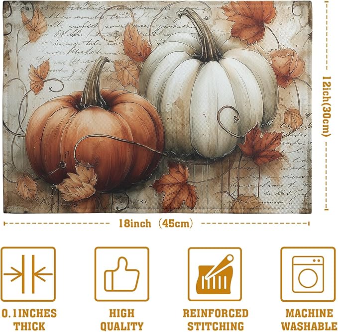 Fall Vintage Pumpkin Leaves Placemats Set of 4 Autumn Thanksgiving Harvest Linen Dinner Place Mats 12x18 Burnt Orange and White Rustic Farmhouse Decorative Kitchen Table Mats