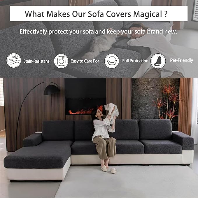 Couch Cushion Covers for Sectional Sofa, Stretch Soft Sofa Slipcovers Washable Wear-Resistant Universal Furniture Protector for Living Room(3 Seaters Covers, Dark Gray)