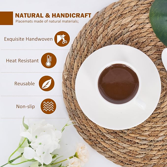 Defined Deco Woven Placemats Set of 10,12" Round Rattan Placemats,Natural Hand-Woven Water Hyacinth Placemats,Farmhouse Weave Place Mats,Rustic Braided Wicker Table Mats for Dining Table,Home,Wedding.