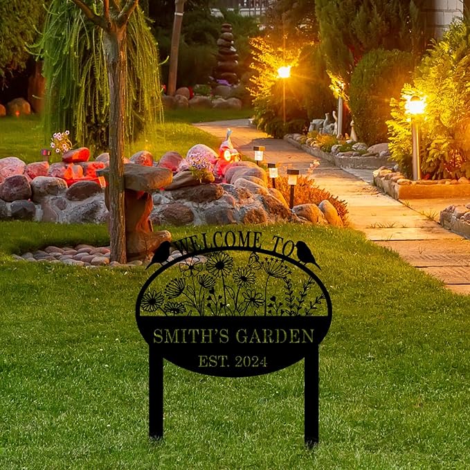 Custom Metal Flower Sign with Stakes - Personalized Garden Decor, Housewarming Gift - Large Yard Sign Plaque