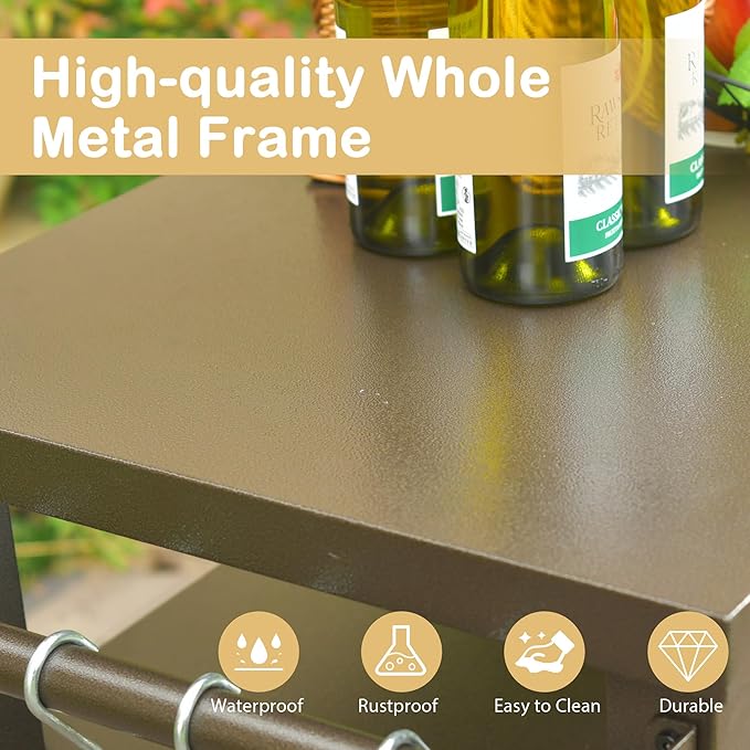 Domi Grill Carts Outdoor Storage Cabinet with Wheels, Metal Outdoor Grill Kitchen Table Dining Cooking Prep BBQ Table for Patio, Kitchen Island, Home Party, Bar (Brown)