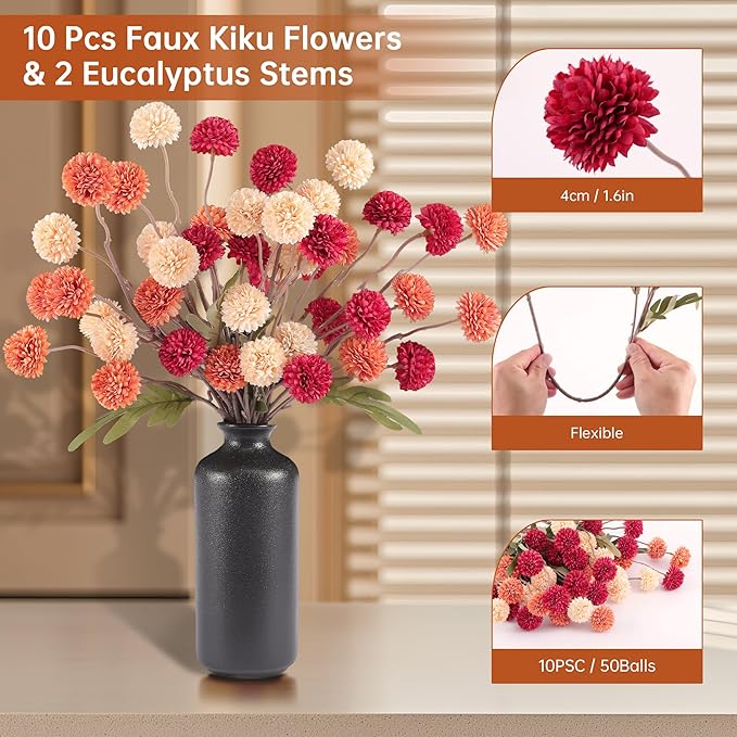 Faux Kiku Flowers Fall 10 Stems & 2 Eucalyptus, Fake Mums Pompon Flower Ball, Autumn Burnt Orange Artificial Chrysanthemums Flowers for Boho Decor, Mini Faux Kiku Flower Wedding Arrangements Decor