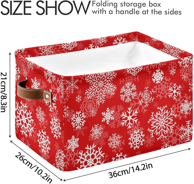 Christmas White Snowflakes on Red Storage Basket Cube Storage Bins Organizer Bag Collapsible Closet Shelf Baskets with handle for Baby Cloth Pet Toy Book 14.2×10.2×8.3 IN