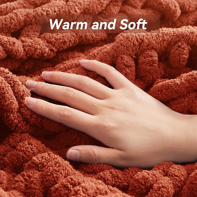 Chunky Knit Throw Blanket, 60''*80'' Fall Throw Blanket Knitted Chenille Yarn for Bed Couch, Handmade Orange Crochet Big Thick Blanket, Machine Washable Cute Comfy Blankets for Home Decor