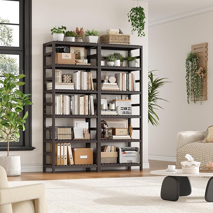 FOTOSOK 6-Tier Bamboo Shelf Set of 2, Bamboo Bookcase with Adjustable Shelves, Free Standing Storage Shelf Unit and Plant Flower Stand, Tall Large Bookshelf for Kitchen, Bathroom, Home Office, Vintage