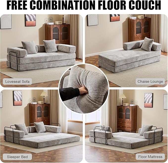 Convertible Sleeper Sofa Bed, Compression Folding Sofa with Pillow, No Assembly Required, Shape Frame, Floor Sofas Lounge Couchs for Living Room, Bedroom, Small Spaces(Chenille, 77''W, Light Grey)