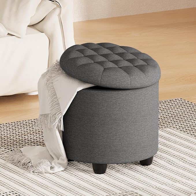 Furniliving 18.7inch Storage Round Ottoman, Footstools with Hidden Storage with Removable Lid, Stylish Button Tufted Design Ottoman Foot Stools for Living Room, Bedroom，Darkgrey