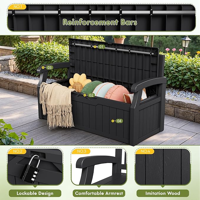 Greesum 80 Gallon Storage Bench Outdoor Deck Box with Armrest, Patio Furniture,Lockable, Waterproof and UV Resistant, Suitable for Garden, Pool, Black