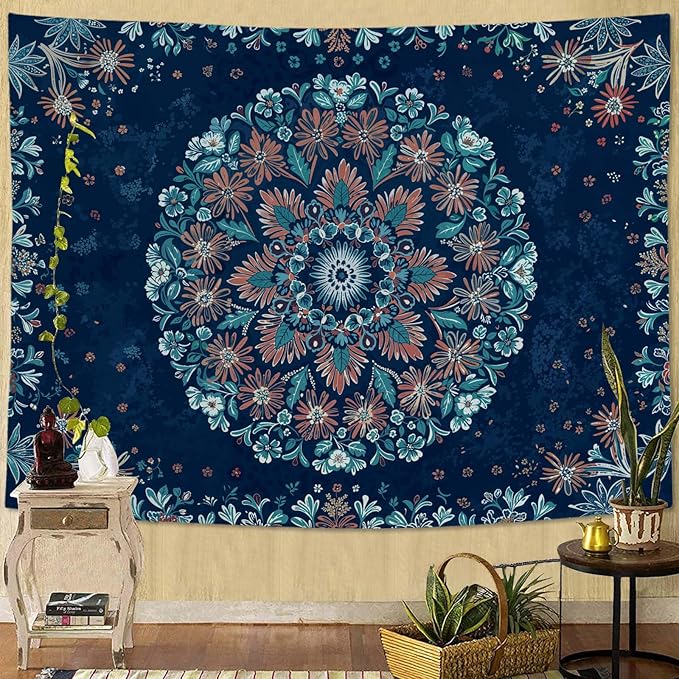 Fowocu Boho Floral Mandala Tapestry Wall Hanging Blue Bohemian Flower Medallion Tapestry Aesthetic Vintage Navy Hippie Indian Small Tapestries for Bedroom Living Room Dorm Decor 60 x 44 Inch