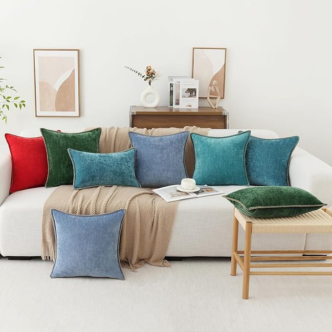 decorUhome Chenille Soft Throw Pillow Covers 16x16 Set of 2, Farmhouse Velvet Neutral Decorative Euro Pillow Covers with Stitched Edge for Couch Sofa Bed Home Decor, Blue