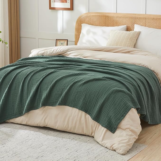 EMME Cotton Muslin King Blanket Bed Layering Breathable Gauze Blanket Soft Lightweight Blankets Adults (Forest Green, 108"x90")