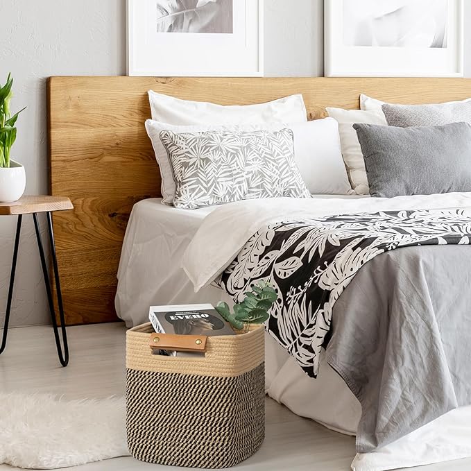 danpinera 3-Pack Cotton Rope Baskets for Storage, 11"x11" Cube Storage Cubes Store Toys, Towel, Snack, Storage Bins with Reinforced Stitching & Practical Handles, Black & Brown