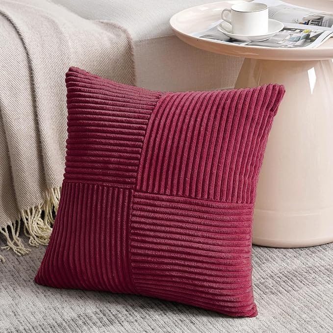Fancy Homi 2 Packs Burgundy Decorative Throw Pillow Covers 22x22 Inch for Living Room Couch Bed Sofa, Rustic Farmhouse Boho Home Decor, Soft Corss Corduroy Patchwork Accent Cushion Case 55x55 cm