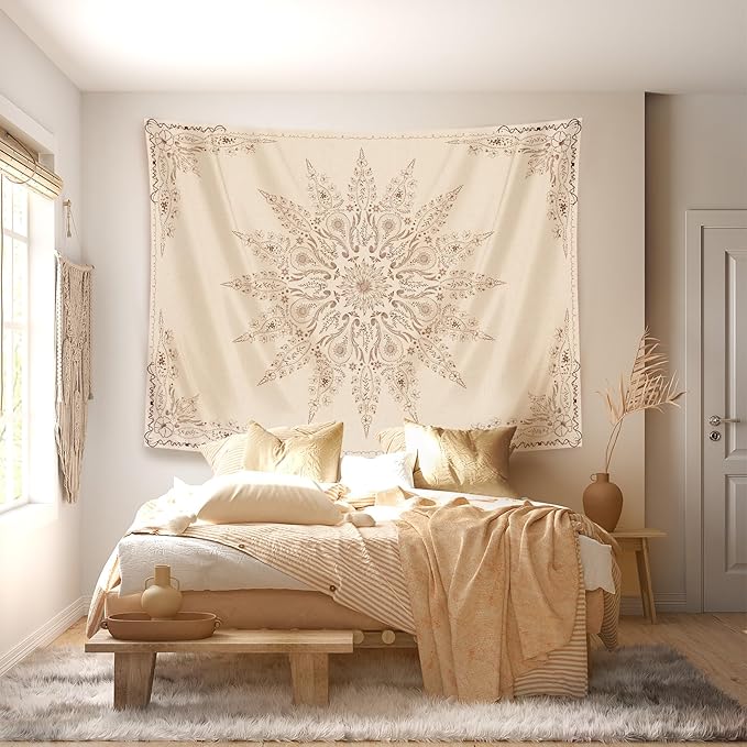 Damanse Floral Tapestry Wall Hanging Cute,Boho Wall Tapestry for Bedroom Aesthetic,Mandala Living Room Decor for Teen Girls (Flaxen, 49.20" x 59.10")