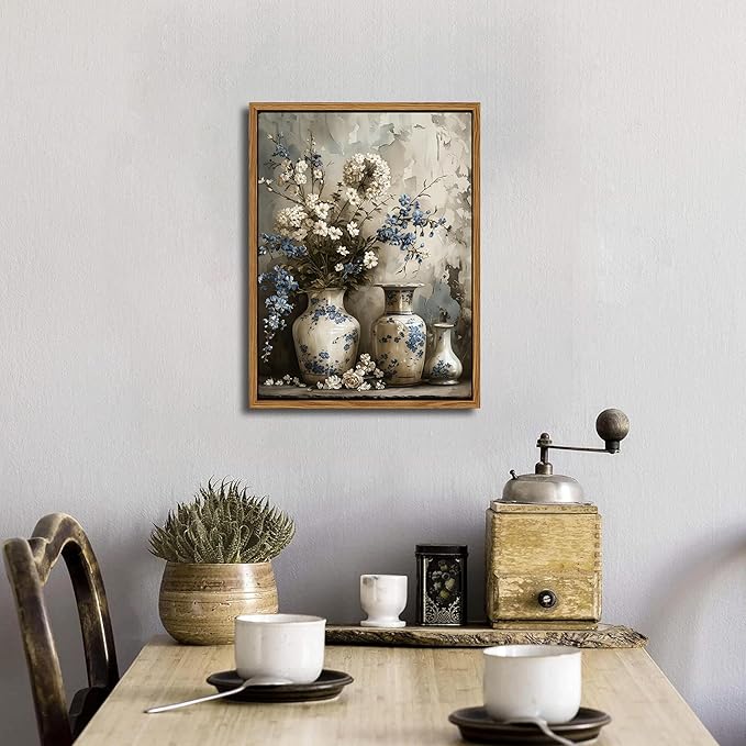Floating Framed Farmhouse Floral Canvas Wall Art, Vintage Blue and White Flower Pictures Wall Decor, Elegant Art Jar Posters Print for Living Room Bedroom Bathroom Rustic Decor 16x24 inch
