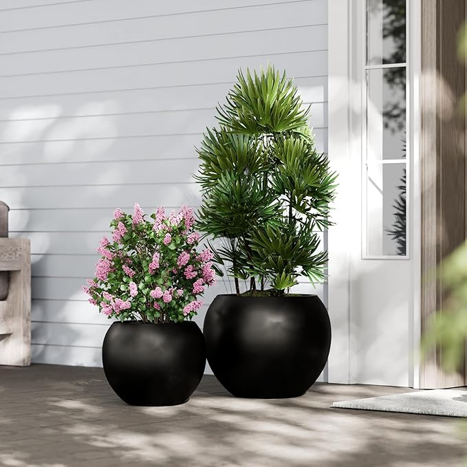 DTY Signature Mount Sherman Lightweight Durable Modern Fiberstone Sphere Planter for Indoor & Outdoor Drainage Hole & Rubber Plug Weather Resistant, 17" H x 21" Dia 14.4" Pot Opening - Large, Black