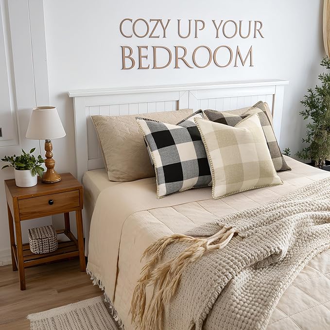 decorUhome Buffalo Plaid Check Throw Pillow Covers 12x20 Set of 2, Outdoor Lumbar Decorative Farmhouse Neutral Pillow Covers with Stitched Edge for Bed Couch Sofa, Brown and Beige