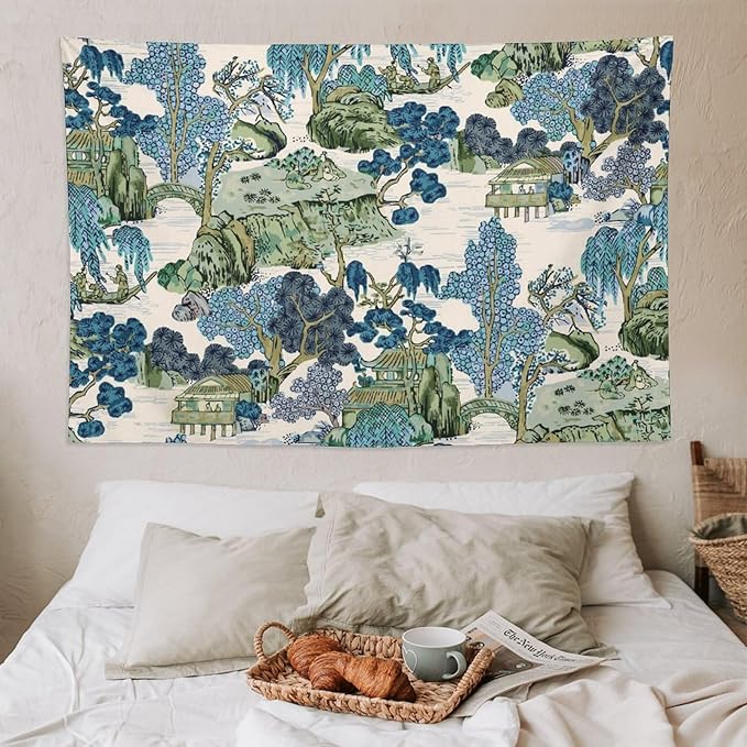 Chinoiserie Tapestry, Asian Watercolor Abstract Art, Japanese Wall Tapestry, Nature Landscape Tapestries for Bedroom, Living Room Decor 90"x60"