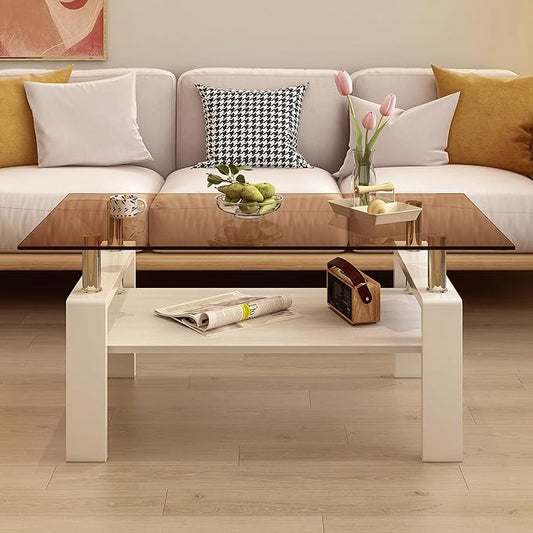 Glass Coffee Table Rectangle Living Room Center Table, with Brown Tempered Glass Tabletop and White MDF Layer,for Living Room and Office, Brown+White