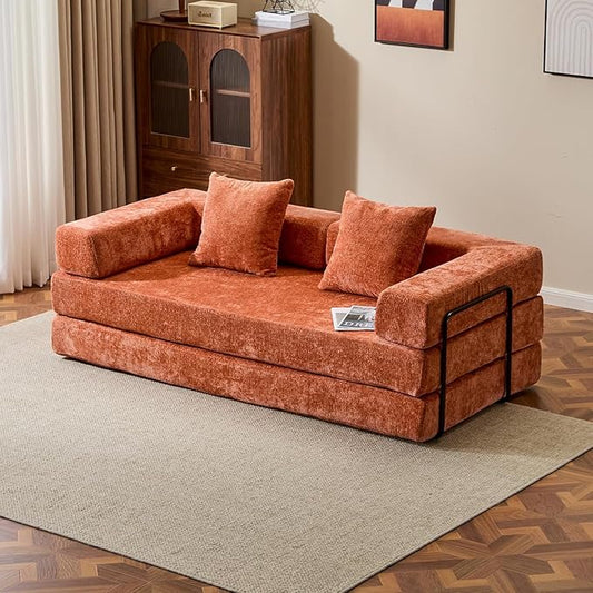 Convertible Sleeper Sofa Bed, Compression Folding Sofa with Pillow, No Assembly Required, Shape Frame, Floor Sofas Lounge Couch for Living Room, Bedroom, Small Spaces (Chenille, 77''W, Orange)
