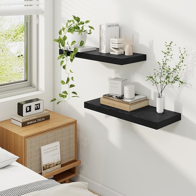 Fun Memories 24 Inch Floating Shelves for Wall, 9 Inch Deep Black Rustic Wood Wall Mounted Shelves for Bathroom, Kitchen, Living Room, Set of 2