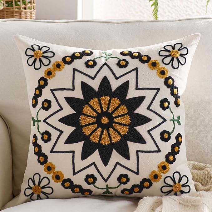 Embroidered Throw Pillow Cover 18x18 Classic Boho Floral Pattern Pillows Cover Outdoor Decorative Pillowcase,Durable Cozy Textured Cushion Case for Sofa Couch Bed Living Room,Black Orange