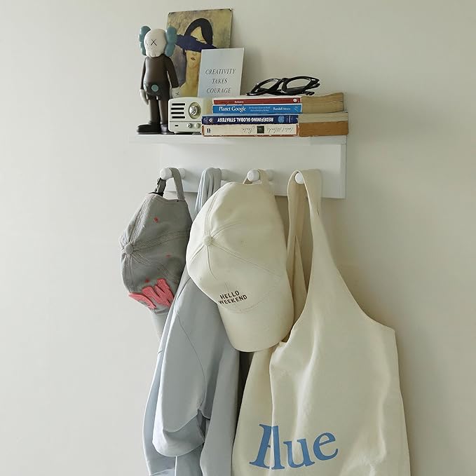 Entrance Coat Rack ，Coat Hooks, Wall-Mounted Wooden Hook Rack, Wall-Mounted Shelves are Very Suitable (White Finish-2)