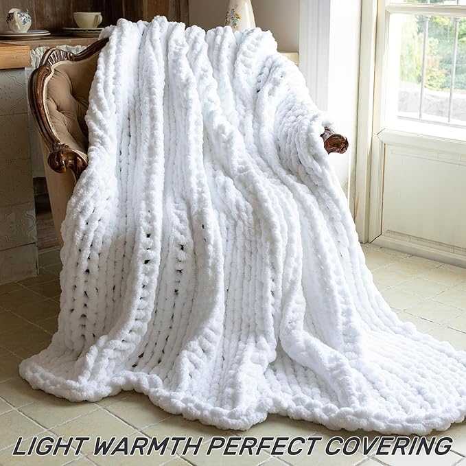 Chunky Knit Blanket - Luxury Soft Cozy 60 * 80 Throw Blanket,100% Woven Blanket Rope Knot Throw Blanket for Couch, Sofa, Home Decor, Gift - Machine Washable（White）