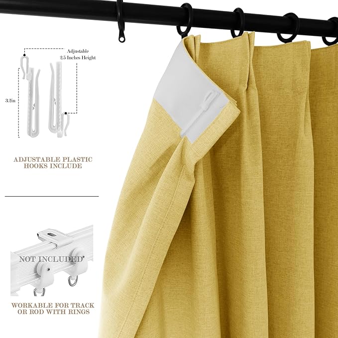 Extra Wide 100% Blackout Linen Textured Curtains - Room Dividers, W200 x L84 (1 Panel), Pinch Pleat Drapes for Living Room, Full Light Block Out Drapery for Sliding Door, Yellow