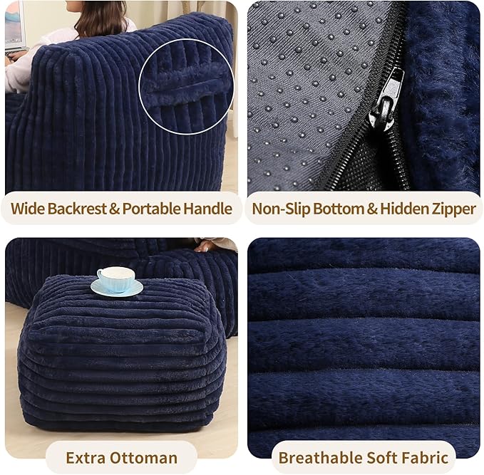 Comfy Gaint Bean Bag Chair with Ottoman, Fluffy Huge Bean Bag Armchair for Adults and Teens, Dark Blue