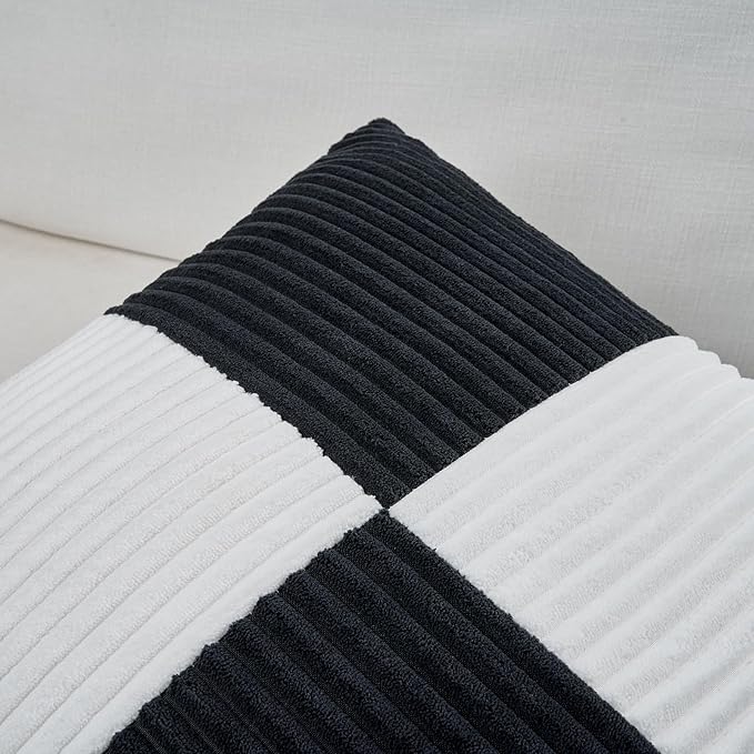 Fancy Homi Set of 2 Black White Samll Decorative Throw Pillow Covers 18x18 Inch with for Couch Bed Sofa Living Room, Soft Cross Patchwork Striped Corduroy Modern Square Cushion Case 45x45 cm