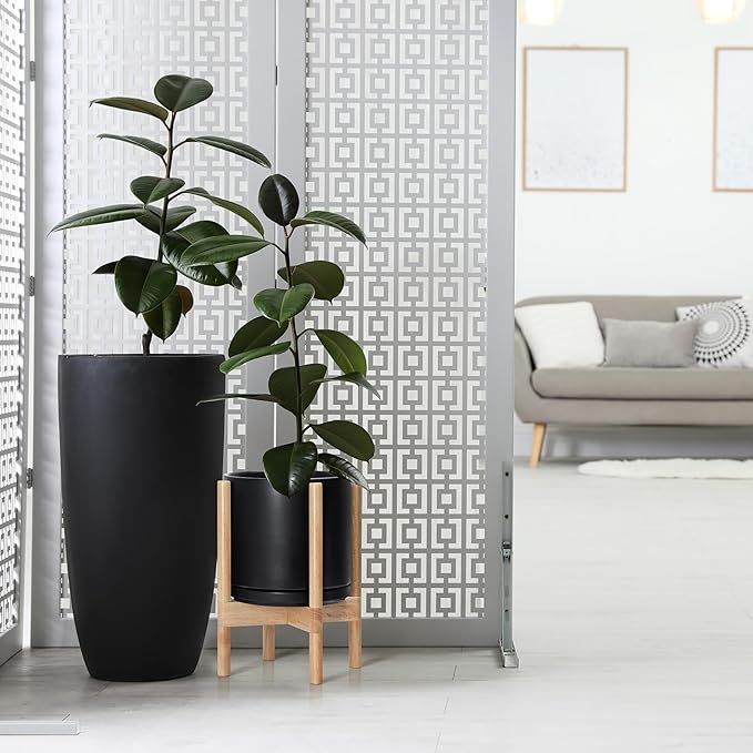 D'vine Dev Ceramic Planter with Natural Stand - 10 Inch Modern Round Flower Pot with Wood Planter Holder, Black, 55-B-K-2