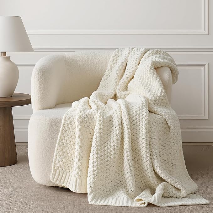 Chunky Chenille Knit Throw Blanket for Couch, Soft Luxurious Moss Stitch Blankets for Bed, Cozy Decorative Farmhouse Knitted Throws for Sofa, Ivory White, 50" x 60"