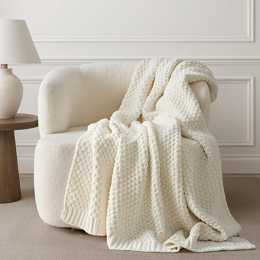 Chunky Chenille Knit Throw Blanket for Couch, Soft Luxurious Moss Stitch Blankets for Bed, Cozy Decorative Farmhouse Knitted Throws for Sofa, Ivory White, 50" x 60"