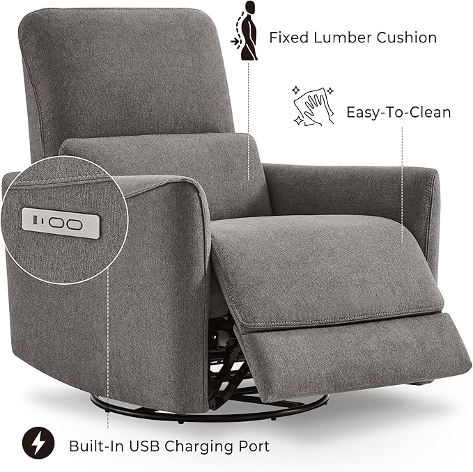 CHITA Power Recliner Chair Swivel Glider, FSC Certified Fabric Living Room Reclining Sofa Chair with Lumbar Support, Metal Grey