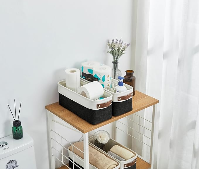 DECOMOMO Narrow Storage Bins Small Baskets for Organizing Bathroom, Toilet Tank, Towel Storage, Entryway, Gifts (Black and White - Set of 4)