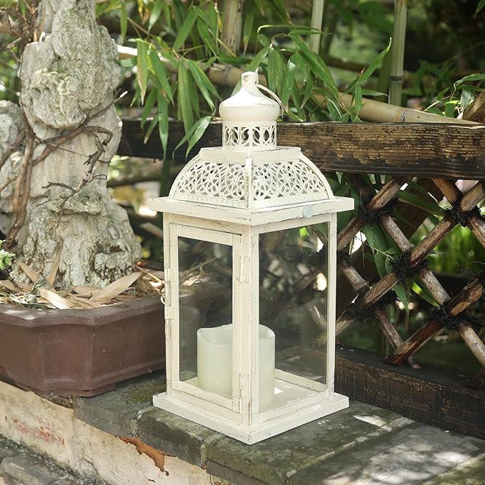 DECORKEY Lantern Decorative Indoor&Outdoor, 14.4'' Large Metal Candle Lanterns, Vintage Hanging Candle Holders Farmhouse Shelf Wedding Front Porch Patio Decor, Halloween Christmas Decorations for Home