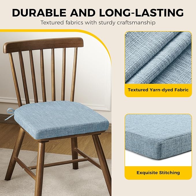 downluxe Indoor Chair Cushions for Dining Chairs, Soft and Comfortable Textured Foam Kitchen Chair Pads with Ties and Non-Slip Backing, 16" x 16" x 2", Light Blue, 6 Pack