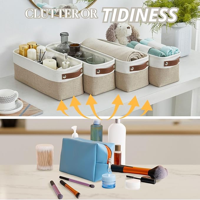 DECOMOMO Narrow Storage Bins Small Baskets for Organizing Bathroom, Toilet Tank, Towel Storage, Entryway, Gifts (Beige and White - Set of 4)