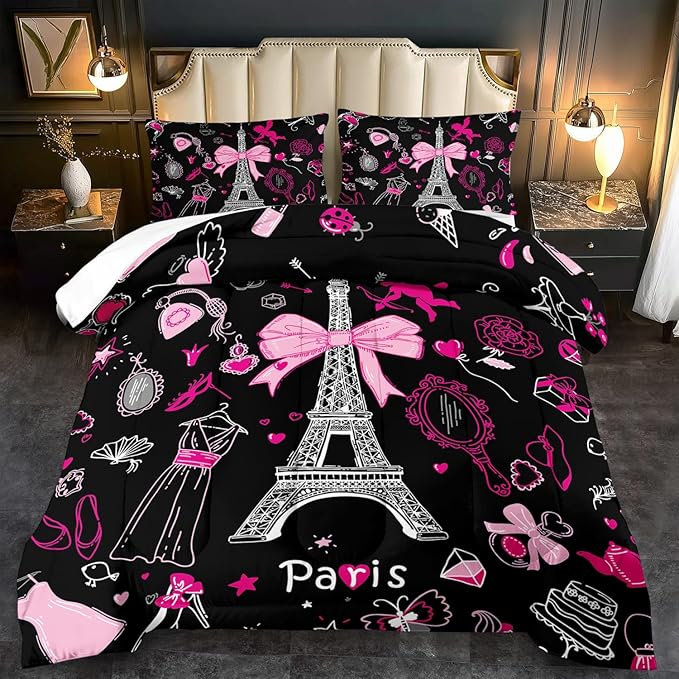 Eiffel Tower Comforter Set Full Size,Eiffel Tower Bedding Set for Girls, Pink and Black Paris Themed Comforter Bedroom Decor,Paris Quilt French Style Romantic Bedding