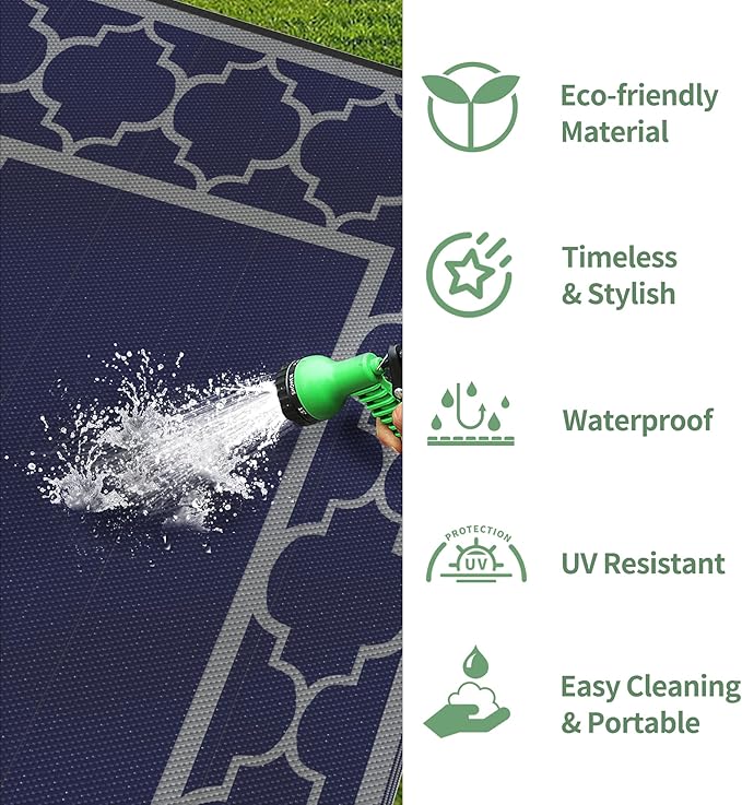 GENIMO 9 ' x 18 ' Outdoor Rug Waterproof for Patio Decor, Foldable Reversible Plastic Straw Area Rugs Mat for Camper, Outside Carpet for Rv, Deck, Porch, Picnic, Beach, Balcony, Blue & Grey