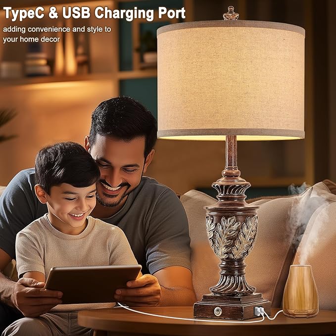 Farmhouse 3-Way Dimmable Touch Table Lamp Set of 2 for Bedroom Living Room with USB A+C Charging Ports 27.75" Tall Rustic Traditional Nightstand Bedside Lamps Brown End Table Lamp (2 Bulbs Included)