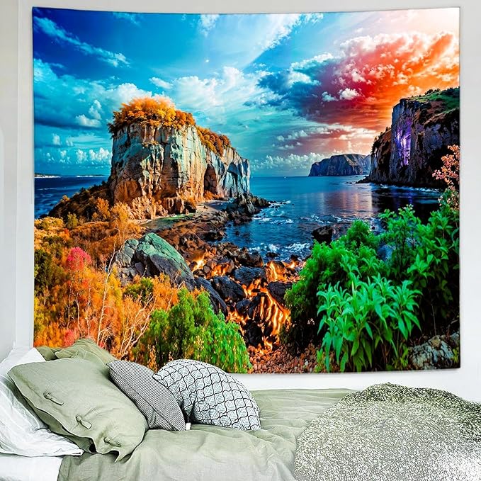 Delur Coastal Ocean Beach Tapestry Tropical Forest Tree Sunrise Sea Landscape Tapestry Wall Hanging Wave Sunset Nature Colorful Spiritual Headboard for Bedroom Living Room Home Decor (70.8" x 92.5")