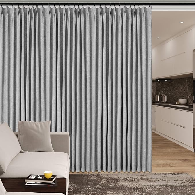 Full Blackout Privacy Curtains, 240 Inch Extra Wide Linen Blend Drapes, Pinch Pleat Window Drapery for Room Divider Storage/Space Room Separation, 1 Panel, W 240" x L 96", Light Grey