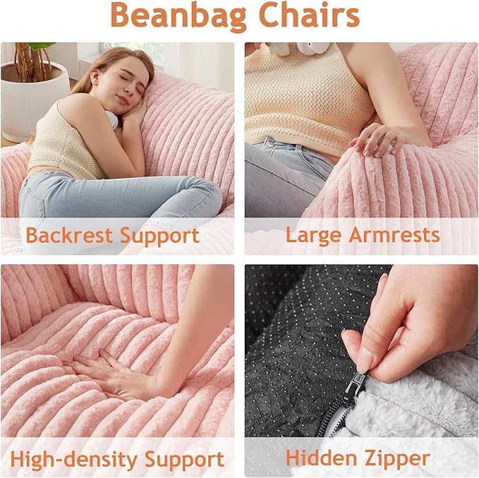Giant Bean Bag Chairs for Adults with Filling Plush Fluffy Bean Bag Chairs for Teens with Armrests Comfy BeanBag Lazy Couch Sofa Chair for Bedroom Living Room Reading