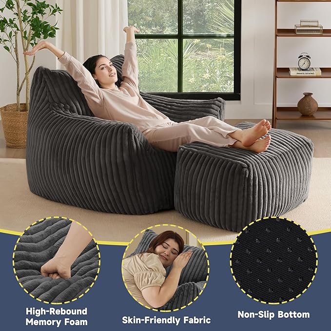 Giant Bean Bag Chairs for Adults, Oversized Chaise Lounge Chair Indoor with Memory Foam - Plush Boneless Lounger & Ottoman for Bedroom, Living Room, Gaming & Reading, Lazy Floor Sofa Chair, Gray