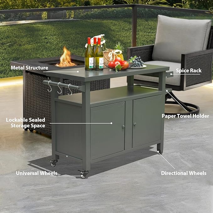 Domi Grill Carts Outdoor Storage Cabinet with Wheels, Metal Outdoor Grill Cart Kitchen Dining Table Cooking Prep BBQ Table for Patio, Kitchen Island, Home Party, Bar (Grey)