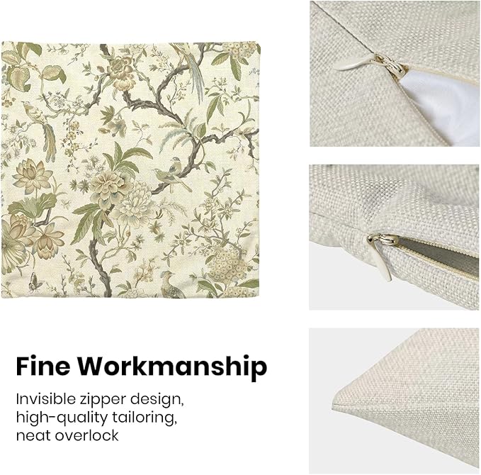 CXMEIFLY Spring Floral Birds Pillow Covers 16 x 16 Inch Set of 2 for Chinoiserie Flowers Decor Throw Pillows Sage Green Plant Outdoor Decorative Cushion Cases for Couch Bed Decorations